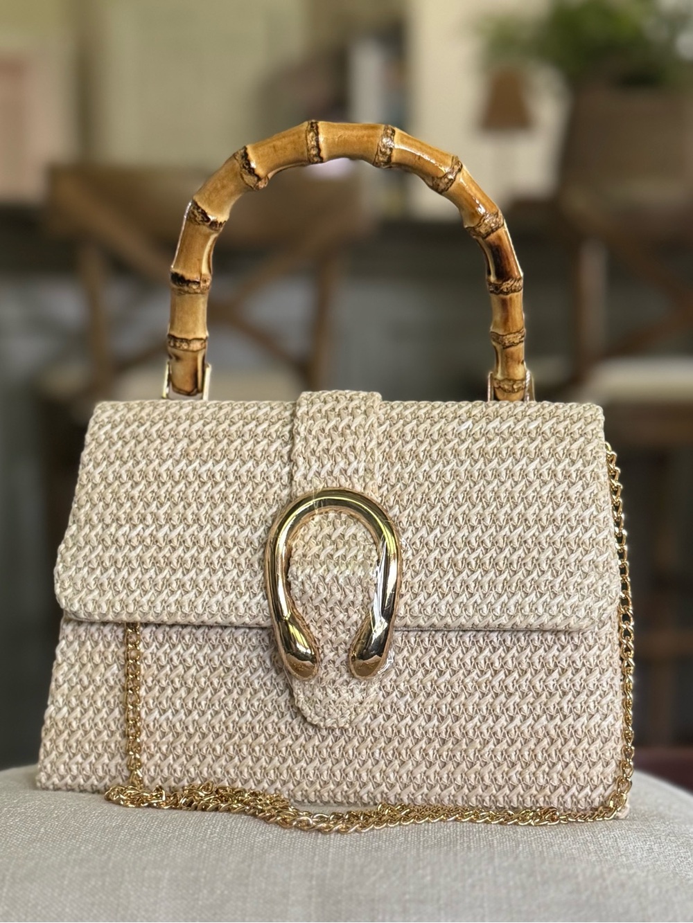 Brand New Tommy Bahama Woven Cream Top-Handle Bag with Bamboo Handle - Picture 2 of 4
